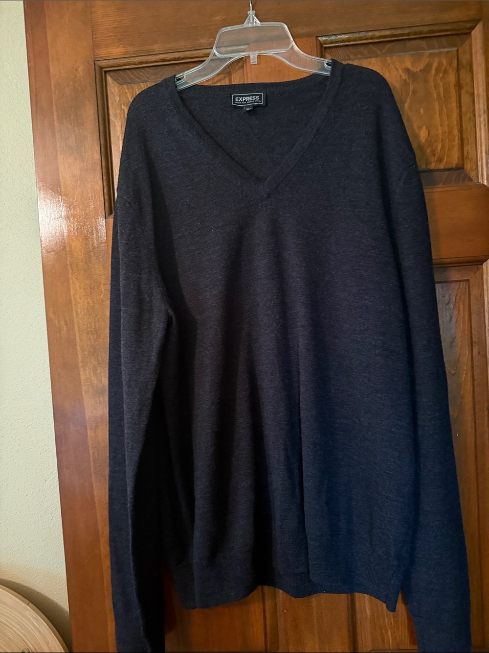 Express Merino Wool Gray V-Neck Sweater Classic Knit Pullover XL/TG
